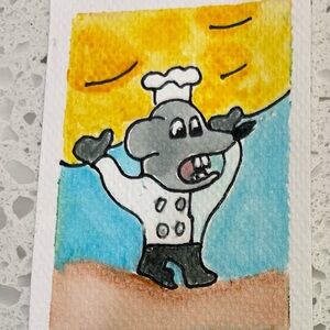 Handmade Watercolor mini Chef mouse ACEO Art -